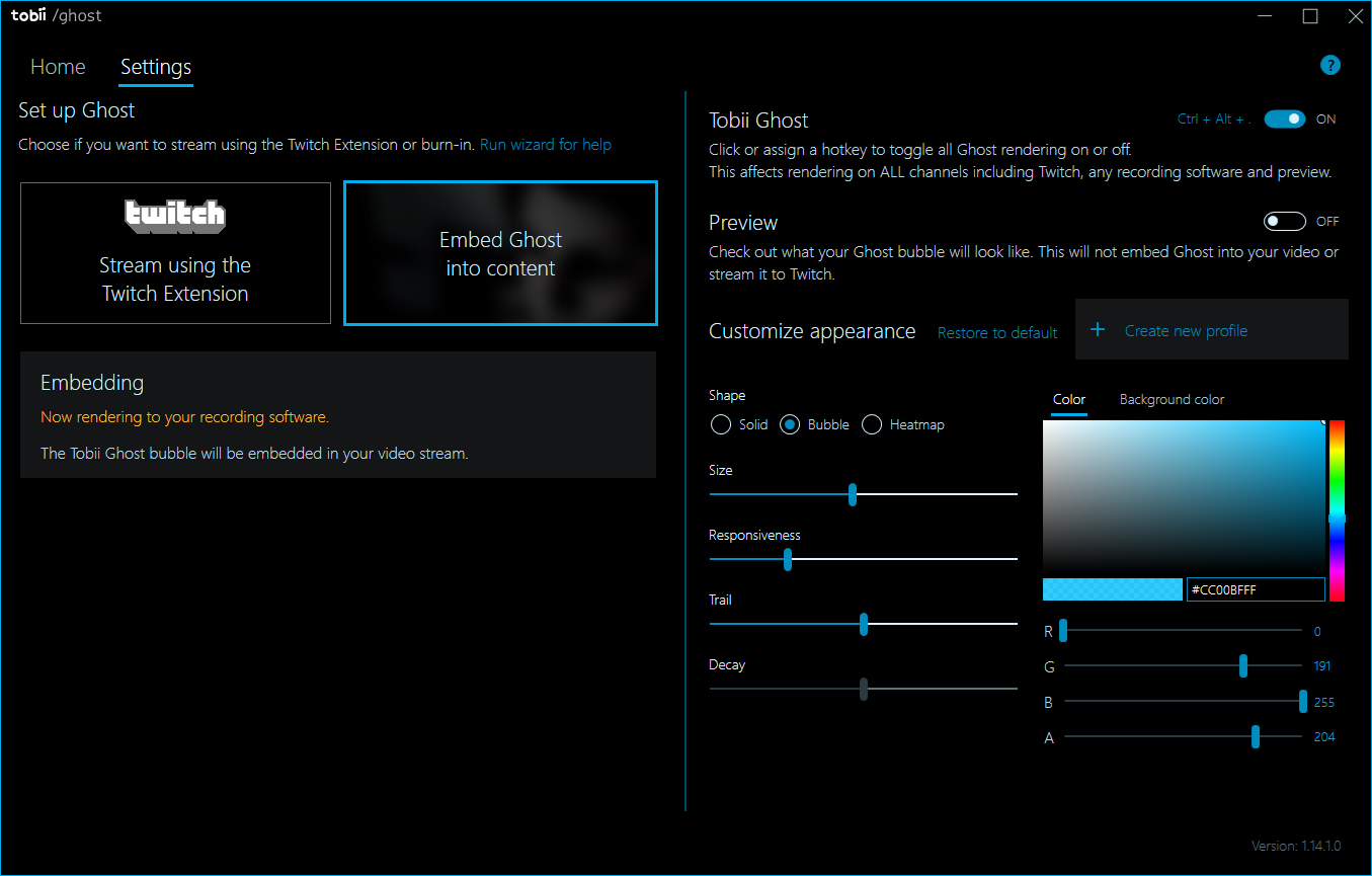 Tobii Ghost Options Menu